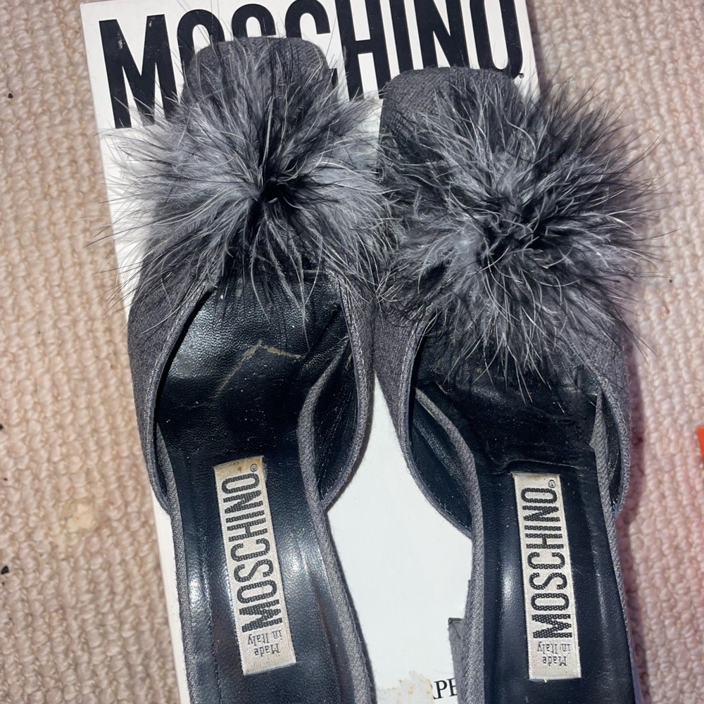 Moschino Black and Gray Fur Mules